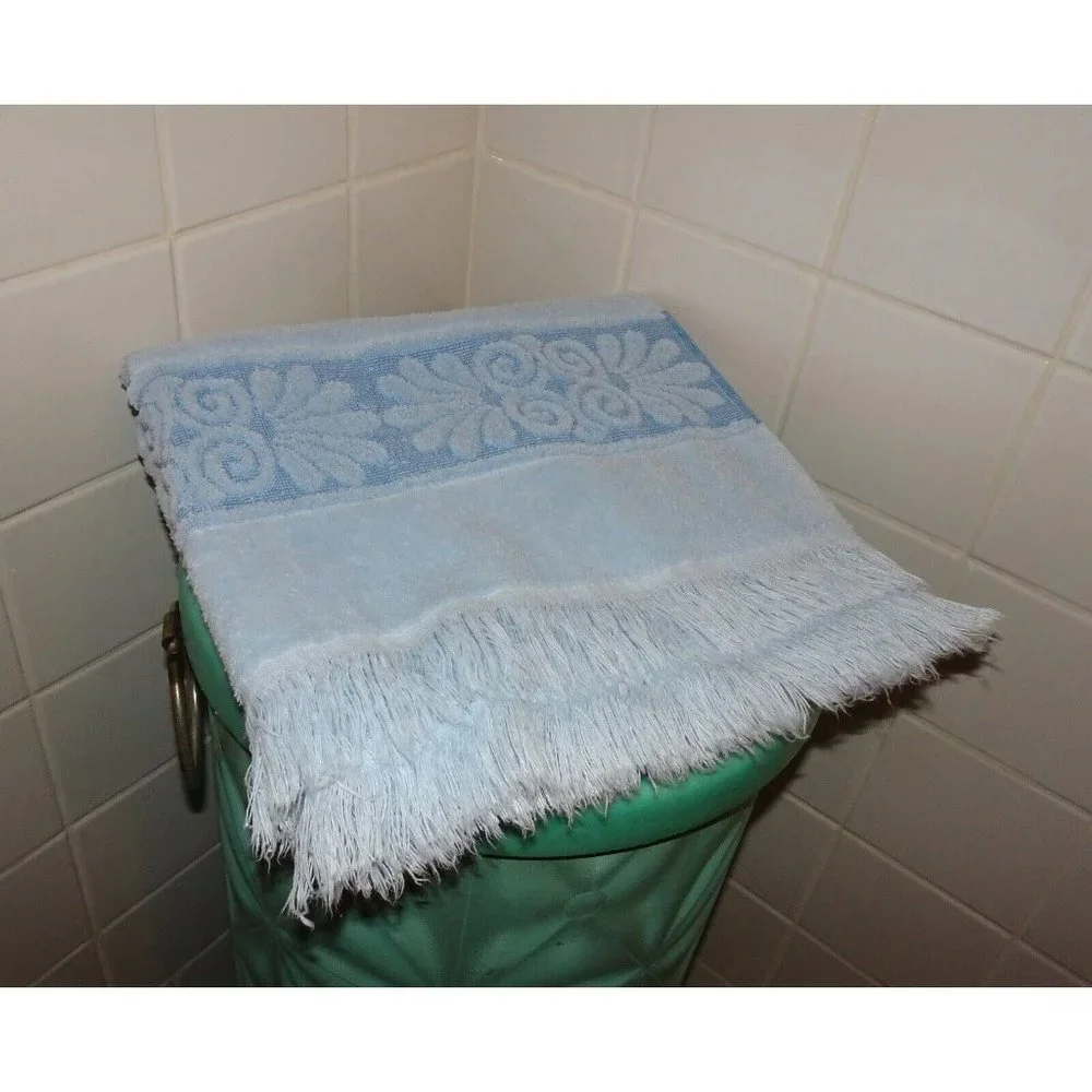 Vintage Light Blue Cannon Bath Towel with Fringe brocade panel 1970's mcm